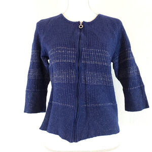 ALEX MARIE Knit SIZE XL Zip Front Blue Metallic 3/4 Sleeve Cardigan Sweater